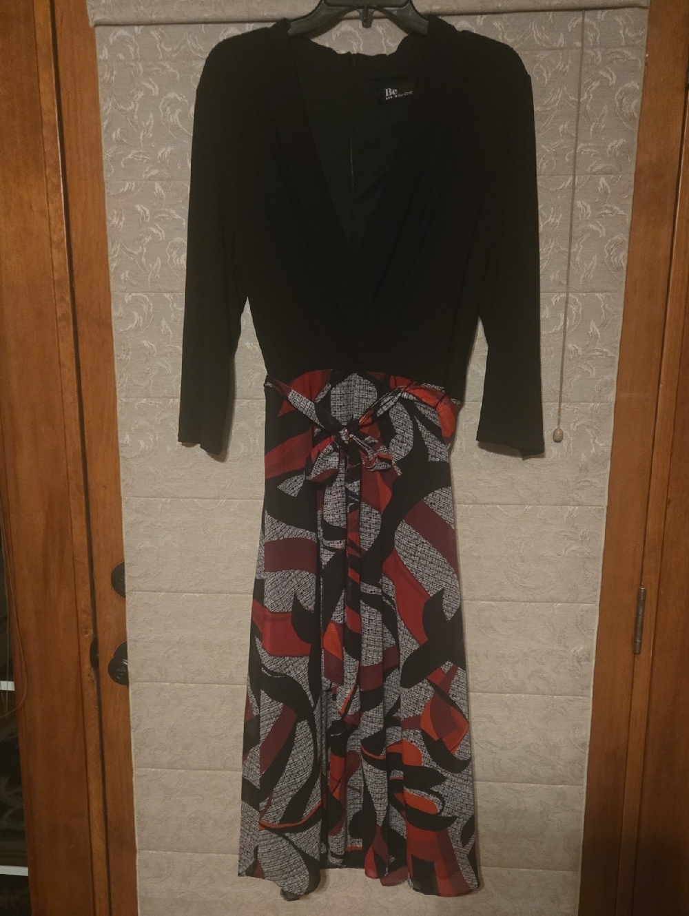 Chetta B Black Midi Dress with Red and White Abstract Skirt